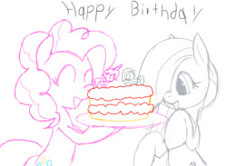 Size: 800x587 | Tagged: safe, artist:a.s.e, marble pie, pinkie pie, earth pony, pony, g4, bipedal, birthday cake, cake, cute, diapinkes, eyes closed, female, food, hair over one eye, happy, happy birthday, marblebetes, open mouth, open smile, pie sisters, siblings, sisters, smiling, twins