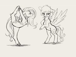 Size: 3150x2355 | Tagged: safe, artist:miokomata, fluttershy, rainbow dash, pegasus, pony, g4, bipedal, eyes closed, flexible, freckles, freckleshy, grayscale, high res, monochrome, simple background, standing, standing on one leg, white background