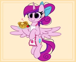 Size: 4096x3350 | Tagged: safe, artist:kittyrosie, princess cadance, alicorn, pony, g4, alternate hairstyle, apron, blushing, bow, clothes, cute, cutedance, digital art, female, flying, food, hair bow, heart, herbivore, high res, mare, ponytail, smiling, solo, strawberry, waffle, weapons-grade cute