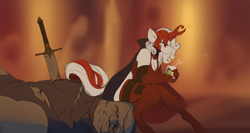 Size: 1238x660 | Tagged: safe, artist:nsilverdraws, oc, oc:razlad, anthro, unguligrade anthro, cape, clothes, coffee, darkseid, dead, fight, helix horn, horn, pepe the frog, relaxed, relaxing, sitting on head, sitting on person, socks, superhero, sword, thigh highs, weapon