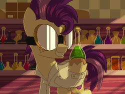Size: 800x600 | Tagged: safe, artist:rangelost, oc, oc only, earth pony, pony, cyoa:d20 pony, flask, freckles, goggles, indoors, male, pixel art, shop, solo, stallion, unshorn fetlocks