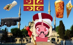 Size: 1080x675 | Tagged: safe, oc, pony, cannon, facial hair, food, ice cream, kebab, mosque, moustache, nation ponies, ottoman, ottoman empire, ponified, turkey (country), weapon