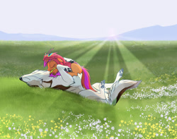 Size: 1600x1258 | Tagged: safe, alternate version, artist:hexfloog, oc, oc:clarity heart, changeling, wolf, changeling oc, eyes closed, female, field, grass, lying down, lying in grass, lying on the ground, male, non-pony oc, on back, scenery, stallion, sunrise