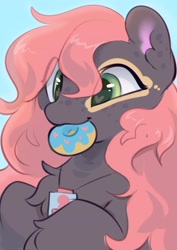 Size: 2480x3508 | Tagged: safe, artist:apple_nettle, oc, oc only, pony, blue background, bust, chest fluff, donut, eating, female, food, freckles, heart eyes, herbivore, high res, mare, mouth hold, simple background, solo, wingding eyes