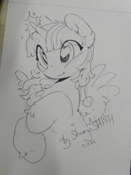 Size: 1200x1600 | Tagged: safe, artist:apple_nettle, twilight sparkle, alicorn, pony, g4, fluffy, heart eyes, monochrome, sketch, solo, traditional art, twilight sparkle (alicorn), wingding eyes