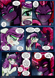 Size: 2480x3508 | Tagged: safe, artist:dsana, fizzlepop berrytwist, tempest shadow, oc, oc:thistledown, earth pony, pony, unicorn, comic:a storm's lullaby, g4, armor, blushing, breakup, comic, crying, crystal armor, duo, earth pony oc, female, high res, horn, mare, scar, snow, snowfall, tempest gets her horn back, this will end in tears
