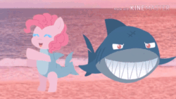 Size: 520x293 | Tagged: safe, artist:fennekinlovers√√, pinkie pie, shark, g4, animated, baby shark, bipedal, cute, dancing, diapinkes, eyes closed, gif, open mouth, open smile, shark costume, smiling, youtube link