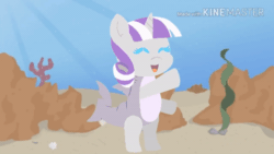 Size: 520x293 | Tagged: safe, artist:fennekinlovers√√, twilight velvet, pony, unicorn, g4, animated, baby shark, bipedal, cute, dancing, eyes closed, female, gif, mare, open mouth, open smile, shark costume, smiling, text, underwater, velvetbetes, youtube link
