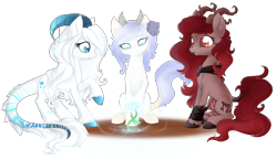 Size: 4400x2550 | Tagged: safe, artist:piichu-pi, oc, oc only, oc:icy rose, oc:raina equinox, oc:shera lucent, pony, cloven hooves, female, horns, mare, plant