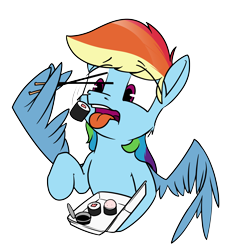 Size: 4400x4800 | Tagged: safe, artist:dacaoo, rainbow dash, pegasus, pony, g4, absurd resolution, chopsticks, feathered wings, female, food, mare, meat, ponies eating meat, simple background, solo, sushi, tongue out, transparent background, wing hands, wing hold, wings