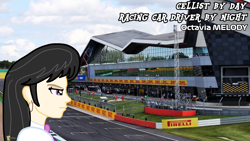 Size: 3840x2160 | Tagged: safe, octavia melody, human, fanfic:equestria motorsports, g4, ear piercing, earring, formula 1, great britain, high res, humanized, jewelry, motorsport, piercing, race track, serious, serious face, side view, silverstone racing circuit
