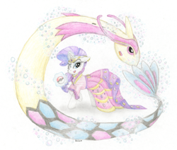 Size: 2659x2256 | Tagged: safe, artist:kirbyliscious, rarity, milotic, pony, unicorn, g4, atg 2018, blue eyes, bubble, clothes, crossover, dress, female, gala dress, glowing horn, high res, horn, looking at you, newbie artist training grounds, one eye closed, open mouth, outfit, poké ball, pokémon, red eyes, simple background, smiling, tail, traditional art, trainer, white background
