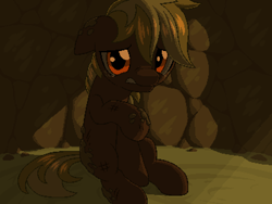 Size: 800x600 | Tagged: safe, artist:rangelost, oc, oc only, oc:apple basket, earth pony, pony, cyoa:d20 pony, cave, colt, floppy ears, looking at you, male, outdoors, pixel art, sitting, solo