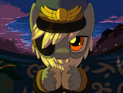 Size: 800x600 | Tagged: safe, artist:rangelost, oc, oc only, earth pony, pony, cyoa:d20 pony, bust, cloud, eyepatch, guard, male, outdoors, pixel art, sky, stallion, unshorn fetlocks