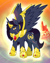 Size: 800x1011 | Tagged: safe, artist:molochtdl, oc, oc only, oc:prince reigngold, alicorn, pony, alicorn oc, horn, male, solo, stallion, wings