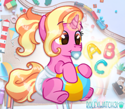 Size: 1729x1507 | Tagged: safe, artist:rolexwatch31, luster dawn, pony, unicorn, g4, the last problem, aura, awww, baby, baby luster dawn, ball, cute, diaper, eyebrows, eyebrows visible through hair, female, floating eyebrows, glowing horn, hair, horn, letter, levitation, magic, magic aura, multicolored hair, orange eyes, pacifier, pink body, ponytail, sitting, smiling, solo, telekinesis, underhoof, watermark, young, younger
