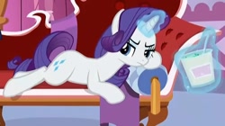 Size: 680x382 | Tagged: safe, edit, edited screencap, screencap, rarity, pony, unicorn, g4, ppov, angry, cropped, cute, eyeshadow, fainting couch, food, glowing horn, horn, ice cream, levitation, madorable, magic, magic aura, makeup, rarity is not amused, telekinesis, unamused