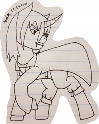 Size: 1838x2313 | Tagged: safe, artist:agdapl, pony, unicorn, clothes, frown, horn, lineart, lined paper, looking back, nurse, ponified, raised hoof, simple background, solo, team fortress 2, white background