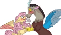 Size: 938x540 | Tagged: safe, artist:cocolove2176, discord, fluttershy, draconequus, pegasus, pony, g4, blushing, bust, female, male, mare, open mouth, ship:discoshy, shipping, simple background, smiling, straight, two toned wings, white background, wings