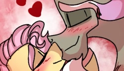 Size: 629x362 | Tagged: safe, artist:cocolove2176, discord, fluttershy, draconequus, pegasus, pony, g4, abstract background, blushing, bust, colored hooves, eyes closed, female, heart, male, mare, ship:discoshy, shipping, smiling, straight