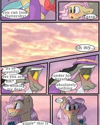 Size: 540x676 | Tagged: safe, artist:cocolove2176, discord, fluttershy, draconequus, pegasus, pony, comic:fluttering chaos, g4, blushing, bust, chest fluff, clothes, colored hooves, dialogue, dress, female, flying, gala dress, hat, male, mare, offscreen character, outdoors, riding, suit