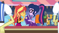 Size: 3410x1920 | Tagged: safe, screencap, flam, flim, golden hazel, sandalwood, sci-twi, sunset shimmer, twilight sparkle, equestria girls, equestria girls series, g4, rollercoaster of friendship, book, bowtie, clothes, cutie mark, cutie mark on clothes, eyes closed, female, flim flam brothers, geode of empathy, geode of telekinesis, glasses, jacket, jewelry, leather, leather jacket, magical geodes, male, messy hair, necklace, ponytail