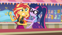 Size: 3410x1920 | Tagged: safe, screencap, sci-twi, sunset shimmer, twilight sparkle, equestria girls, equestria girls series, equestria girls specials, g4, my little pony equestria girls: rollercoaster of friendship, bowtie, clothes, cutie mark, cutie mark on clothes, duo, duo female, female, geode of empathy, geode of telekinesis, glasses, gritted teeth, jacket, jewelry, leather, leather jacket, lip bite, magical geodes, messy hair, necklace, ponytail, rageset shimmer