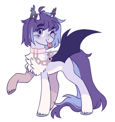 Size: 1024x1087 | Tagged: safe, artist:lynesssan, oc, oc only, bat pony, pony, female, horns, mare, one eye closed, raised hoof, simple background, solo, transparent background, wink