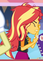 Size: 961x1353 | Tagged: safe, screencap, flam, sunset shimmer, equestria girls, equestria girls series, g4, rollercoaster of friendship, book, clothes, cropped, cutie mark, cutie mark on clothes, eyes closed, female, geode of empathy, jacket, jewelry, leather, leather jacket, magical geodes, male, messy hair, necklace