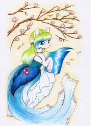 Size: 2078x2887 | Tagged: safe, artist:malwinahalfmoon, oc, oc only, oc:magnolia griffonheart, earth pony, pony, clothes, corset, crayon drawing, female, high res, hooves, magnolia, mare, ribbon, solo, szczecin, traditional art