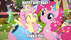 Size: 888x499 | Tagged: safe, artist:mlpfan3991, edit, edited screencap, screencap, fluttershy, gummy, pinkie pie, alligator, earth pony, pegasus, pony, g4, happy birthday to you!, breaking the fourth wall, duo, duo female, eyes closed, female, fluttershy's cottage, happy birthday, hat, looking at you, open mouth, party hat