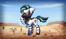 Size: 2392x1433 | Tagged: safe, artist:megabait, oc, zebra, bandana, desert, hoofprints, male, medallion, stallion