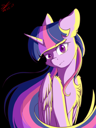 Size: 1500x2000 | Tagged: safe, artist:yuris, twilight sparkle, alicorn, pony, g4, black background, cheek fluff, chest fluff, ear fluff, floppy ears, folded wings, leg fluff, looking at you, simple background, solo, twilight sparkle (alicorn), vector, wings