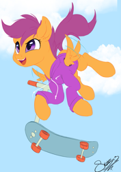 Size: 1237x1749 | Tagged: safe, artist:sketchiix3, scootaloo, pegasus, pony, g4, clothes, cloud, female, filly, hoodie, motion lines, open mouth, scootaloo can fly, skateboard, skaterloo, skating, sky, solo