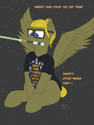 Size: 3000x4000 | Tagged: safe, artist:donnik, oc, oc only, oc:donnik, pegasus, pony, clothes, glasses, lightsaber, may the fourth be with you, mouth hold, muffled words, shirt, sitting, solo, star wars, weapon
