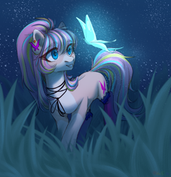 Size: 1312x1358 | Tagged: safe, artist:nika-rain, oc, oc only, oc:bijou butterfly, butterfly, earth pony, pony, commission, cute, ear piercing, female, night, pale belly, piercing, solo, ych result