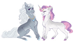 Size: 1280x733 | Tagged: safe, artist:glorymoon, silver spoon, sweetie belle, classical unicorn, earth pony, pony, unicorn, g4, cloven hooves, curved horn, cute, diasweetes, ear piercing, female, horn, jewelry, leonine tail, lesbian, necklace, older, older silver spoon, older sweetie belle, piercing, ship:silverbelle, shipping, silverbetes, simple background, unshorn fetlocks, white background