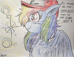 Size: 2771x2159 | Tagged: safe, rainbow dash, pegasus, pony, g4, anime, ash ketchum, colored, hat, high res, pokémon, song reference, theme song, traditional art