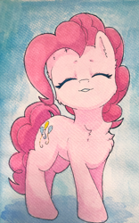 Size: 2321x3711 | Tagged: safe, artist:b_m, pinkie pie, earth pony, pony, cheek fluff, chest fluff, cute, daaaaaaaaaaaw, diapinkes, ear fluff, eyes closed, female, high res, mare, smiling, solo, traditional art, watercolor painting