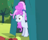 Size: 166x140 | Tagged: safe, screencap, apple bloom, cotton sky, earth pony, pegasus, pony, brotherhooves social, g4, season 5, animated, apple, blinking, cropped, female, filly, food, gif, gif for breezies, mare, offscreen character, picture for breezies, solo focus