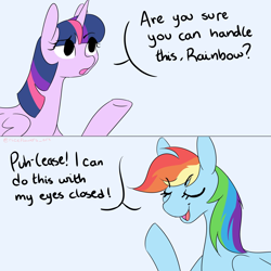 Size: 2000x2000 | Tagged: safe, artist:riceflowers_art, rainbow dash, twilight sparkle, alicorn, pegasus, pony, g4, comic, dialogue, empty eyes, eye clipping through hair, eyebrows, eyebrows visible through hair, eyes closed, folded wings, high res, implied lesbian, implied shipping, implied twidash, open mouth, signature, simple background, twilight sparkle (alicorn), wings