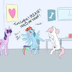 Size: 2000x2000 | Tagged: safe, artist:riceflowers_art, nurse redheart, rainbow dash, twilight sparkle, alicorn, earth pony, pegasus, pony, g4, adorable distress, covid-19 vaccine, crying, cute, dialogue, duality, empty eyes, eyebrows, eyebrows visible through hair, eyes closed, frustrated, hat, high res, hospital, implied lesbian, implied shipping, implied twidash, lidded eyes, open mouth, pleading, scared, signature, sitting, spread wings, syringe, trio, trypanophobia, twilight sparkle (alicorn), twilight sparkle is not amused, unamused, wings