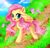 Size: 2251x2150 | Tagged: safe, artist:meqiopeach, fluttershy, butterfly, pegasus, pony, g4, blushing, butterfly wings, cloud, cute, equestria amino, grass, grass field, happy, high res, looking at you, mud, raised hoof, road, shyabetes, sky, smiling, smiling at you, solo, spread wings, spring, walking, weapons-grade cute, wings