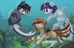 Size: 5100x3300 | Tagged: safe, artist:beardie, oc, oc only, oc:killi thaum, oc:manilla wish, oc:rifeera, original species, shark, shark pony, bubble, coral, crepuscular rays, cute, dorsal fin, ear piercing, fin, fins, fish tail, flowing mane, flowing tail, looking at each other, looking at someone, ocean, open mouth, open smile, pale belly, piercing, seaweed, smiling, smiling at each other, sunlight, swimming, tail, tail piercing, underwater, water