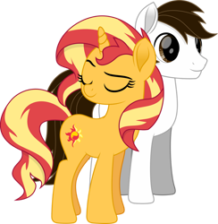 Size: 1280x1311 | Tagged: safe, artist:starcollider, sunset shimmer, oc, oc:andres vargas, pegasus, pony, unicorn, equestria girls, g4, my little pony: the movie, duo, eyes closed, female, male, mare, movie accurate, request, show accurate, simple background, stallion, transparent background, vector