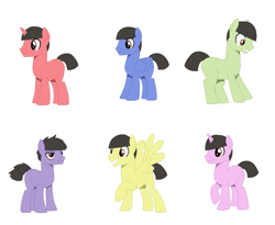 Size: 1411x1155 | Tagged: safe, artist:colorcodetheartist, artist:selenaede, earth pony, pegasus, pony, unicorn, base used, blank flank, choromatsu, ichimatsu, jyushimatsu, karamatsu, osomatsu, osomatsu-san, ponified, simple background, todomatsu, white background