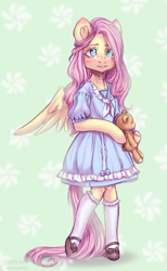 Size: 1540x2500 | Tagged: safe, artist:zefirka, fluttershy, semi-anthro, g4, arm hooves, clothes, cute, plushie, shoes, shyabetes, solo, stockings, teddy bear, thigh highs
