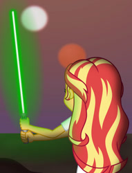 Size: 1024x1338 | Tagged: safe, artist:emeraldblast63, sunset shimmer, equestria girls, g4, crossover, lightsaber, solo, star wars, sunset, tatooine, weapon