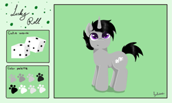 Size: 929x557 | Tagged: safe, artist:julie25609, oc, oc only, oc:lucky roll, pony, unicorn, black mane, colored pupils, cutie mark, horn, looking up, male, reference sheet, signature, smiling, solo, stallion, unicorn oc