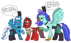 Size: 3264x2000 | Tagged: safe, artist:supahdonarudo, oc, oc only, oc:fleurbelle, oc:ironyoshi, oc:sea lilly, alicorn, classical hippogriff, hippogriff, pony, unicorn, birthday, blushing, bowtie, bunny ears, bunny suit, clothes, dialogue, fishnet stockings, high res, lucky bastard, shirt, simple background, speech bubble, text, this will end in snu snu, transparent background